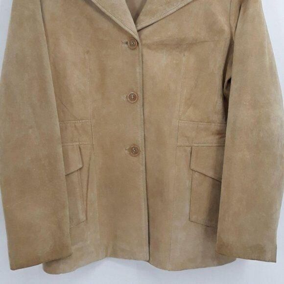 Vtg 90s Mossimo Blazer Shacket Leather Suede Western Boyfriend 3 Button Tan Sz L - Picture 5 of 8